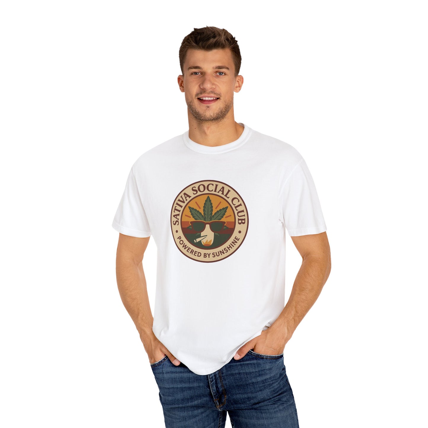Unisex Sativa Social Club T-shirt | Vintage Cannabis Tee, Gift for Stoners, Eco-Friendly Fashion, Summer Casual Wear, Powered by Sunshine