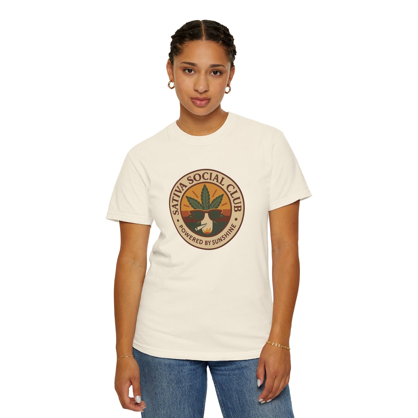 Unisex Sativa Social Club T-shirt | Vintage Cannabis Tee, Gift for Stoners, Eco-Friendly Fashion, Summer Casual Wear, Powered by Sunshine
