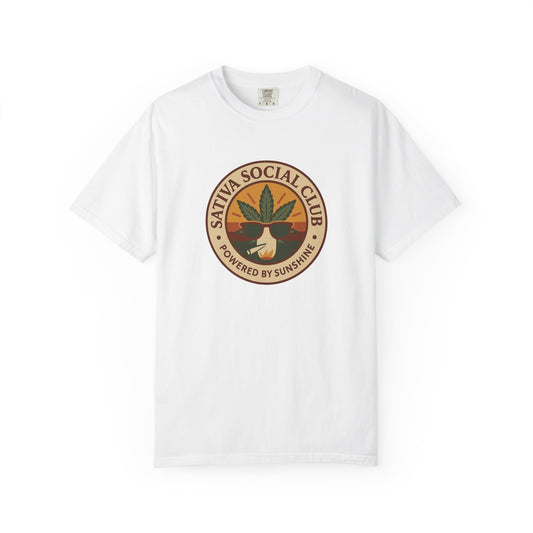 Unisex Sativa Social Club T-shirt | Vintage Cannabis Tee, Gift for Stoners, Eco-Friendly Fashion, Summer Casual Wear, Powered by Sunshine