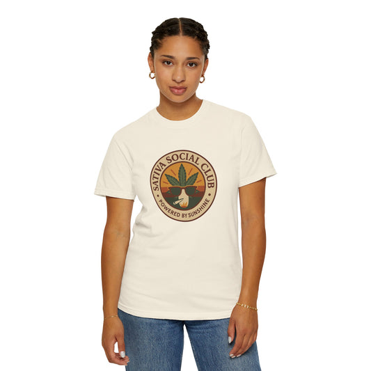 Unisex Sativa Social Club T-shirt | Vintage Cannabis Tee, Gift for Stoners, Eco-Friendly Fashion, Summer Casual Wear, Powered by Sunshine